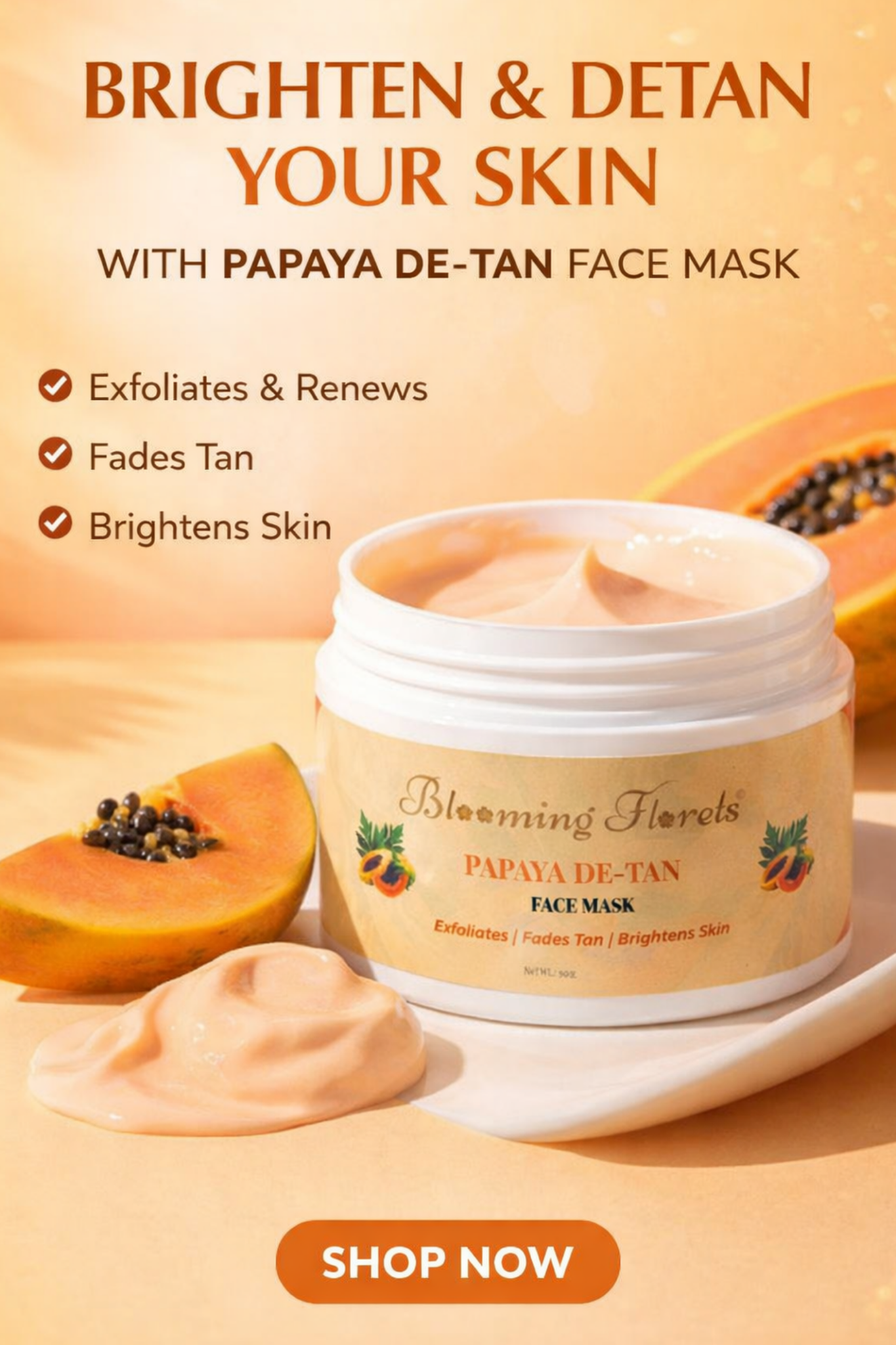 Blooming Florets Papaya De-Tan Face Mask – Natural Glow & Tan Removal BloomingFlorets Papaya De-Tan Face Mask in a jar with creamy texture, designed to remove tan and brighten skin naturally.