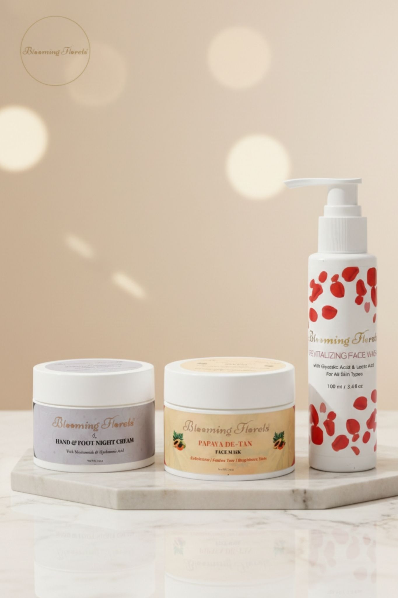 BloomingFlorets Glow Essentials Trio – Complete Glow Routine BloomingFlorets Glow Essentials Trio including Night Cream, Papaya De-Tan Face Mask and Revitalizing Face Wash